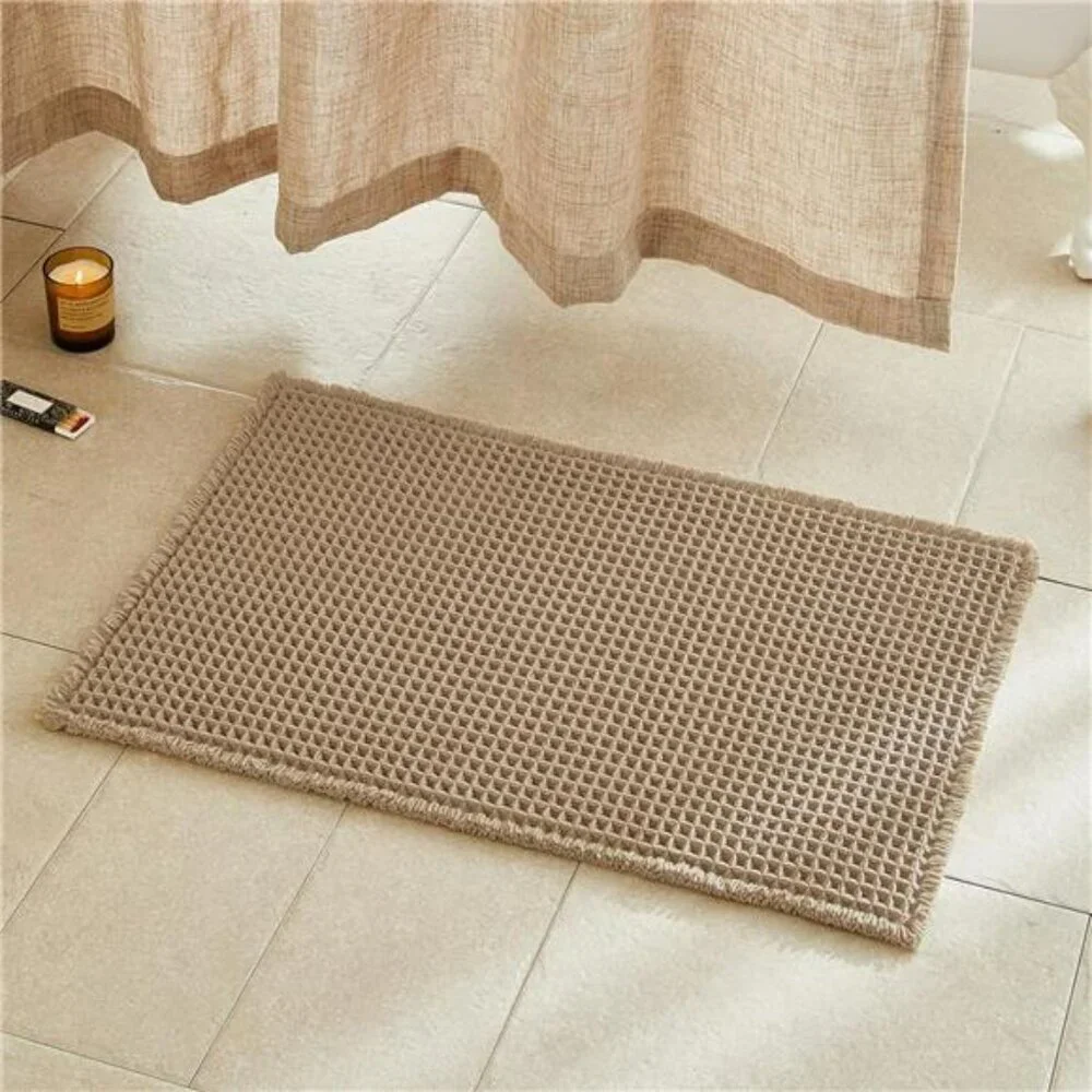 Khaki Waffle Bath Mat 30x20 Boho Bathroom Rug Non Slip Absorbent Quick Dry Washa